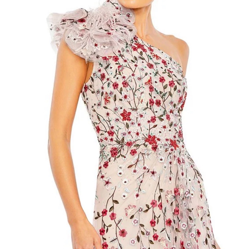 Mac Duggal One-Shoulder Floral Dress in Pink and White
